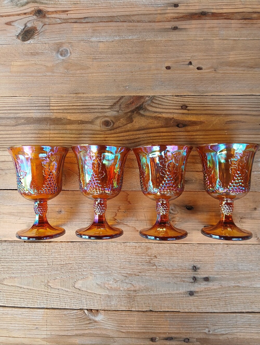 Iridescent Amber Carnival Glass Goblets - Set of 4